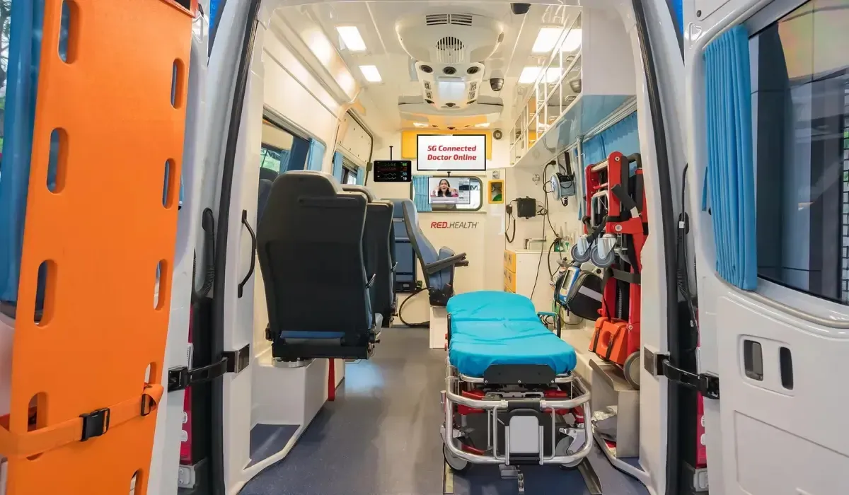 Red Health oxygen ambulance with medical staff